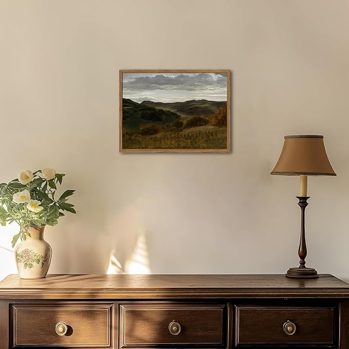 Framed Vintage Landscape Wall Art, Mountain Nature Wall Decor Paintings, Moody Countryside Canvas Prints Pictures Wall Decor for Living Room Bedroom Dining Room Office 12x16 inch