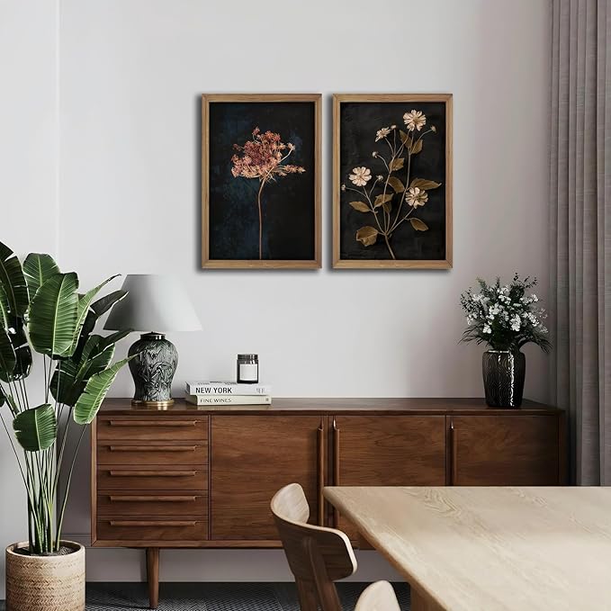 2Pcs Framed Vintage Wall Art Prints, Retro Moody Floral Botanical Canvas Painting Farmhouse Decor, Black Dark Flower Picture Poster for Bathroom, Bedroom, Living Room, Gallery 16X24In