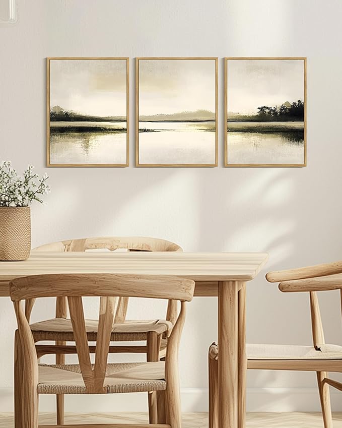 Drsoum Vintage Black Gray Abstract Laker Landscape Wall Art Framed Brown Tan Neutral Prints Minimalist Modern Rustic Artwork Bedroom Living Room Ready to Hang 12x16in Natural Framed