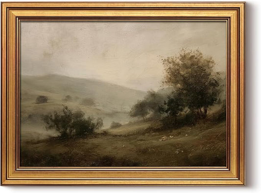 HUARCEY Framed Canvas Wall Art Vintage Decor, Quiet Mountains Picture Decor, Rustic Vintage Neutral Canvas Paintings Retro Table Desk Pictures for Bedroom Living Room, 12x16Inch