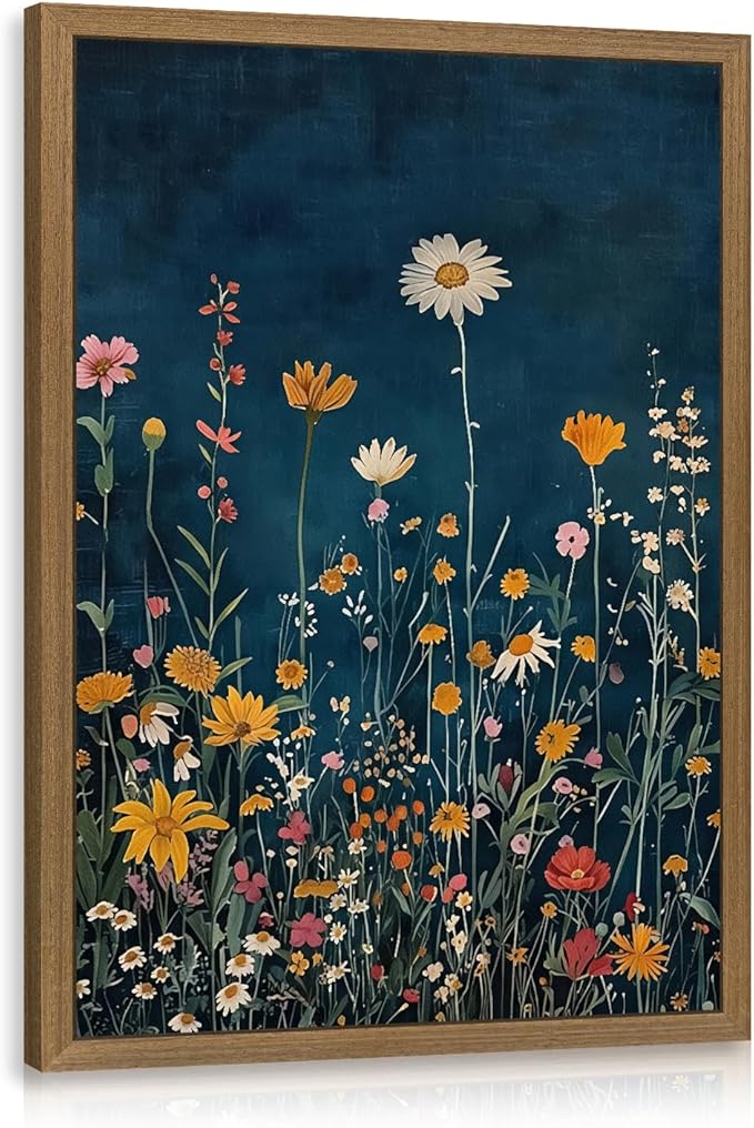 Clicyre Wildflower Wall Art, Vintage Botanical Floral Canvas Print, Deep Green Meadow Flower Artwork, Dark Moody Rustic Farmhouse Wall Decor for Living Room Bedroom Hallway Wood Framed 12x16 Inch
