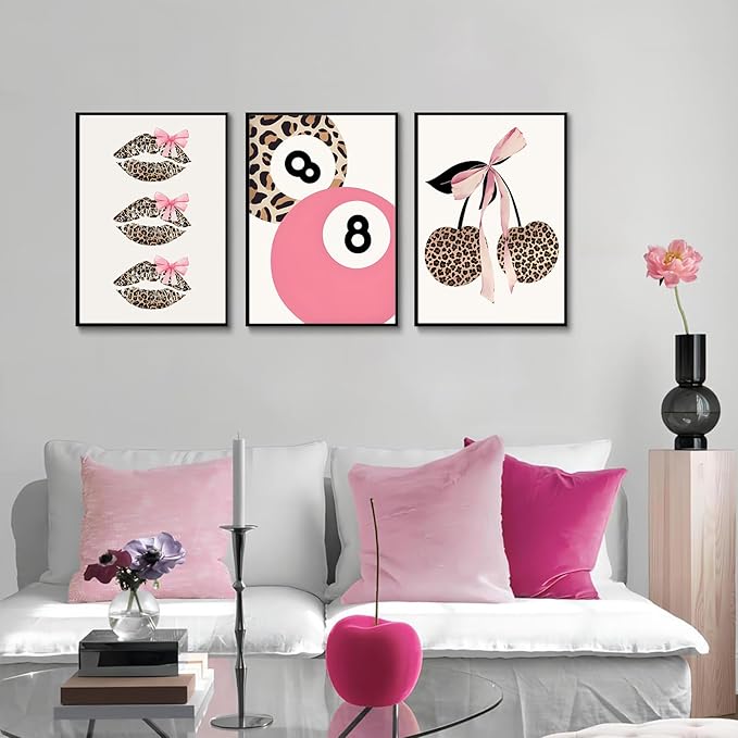Trendy Pink Leopard Bow Wall Art Set of 3 Funky Cherry Lucky 8 Ball Posters Prints Cute Coquette Preppy Room Aesthetic Wall Decor Pictures for Girls Bedroom Apartment Dorm Unframed 12x16in