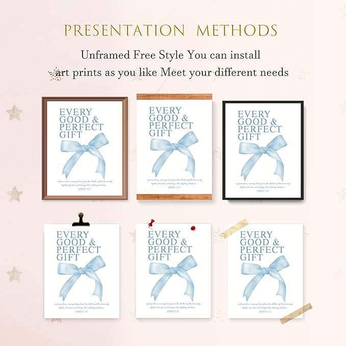 LARTSFRO Coquette Blue Bow Wall Art Decor Posters, Baby Blue Bow Room Bedroom Bathroom Dorm Wall Art Decor Aesthetic for College Teen Girls Gifts, Inspirational Bible Verses Bow Wall Decor, 10x8 Inch Set of 4 Pcs Bow Pictures (UNFRAMED)