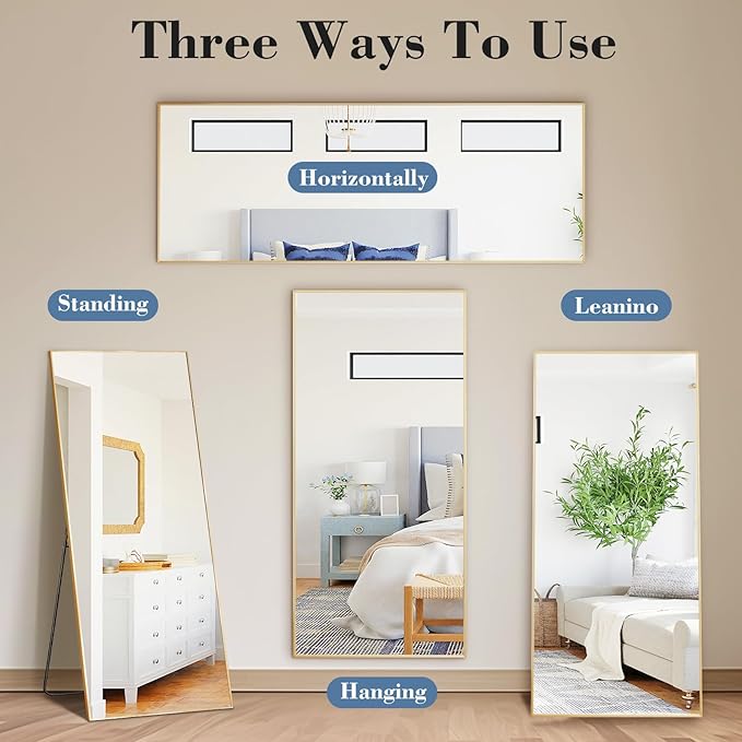 DUMOS Full Length Mirror with Stand, 58"x19" Floor Mirror with Aluminum Alloy Frame for Bedroom, Standing Full Body Mirror with Shatter-proorf Nano Glass for Wall, Living Room, Cloakroom, Gold