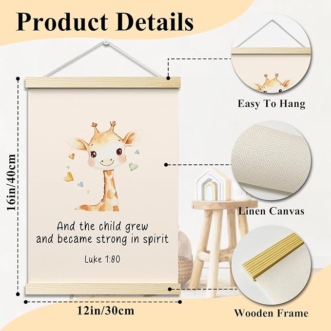 And The Child Grew and Became Strong In Spirit Christian Posters Hanger Frame Giraffe Hanging Poster for Nursery Classroom Decor Wall Art Decor for Kidroom Canvas Wall Art Print 16x12 - YY053
