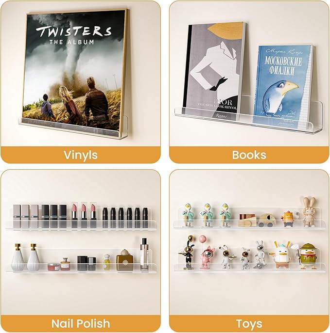 8 Pack Vinyl Record Shelf Wall Mount, 12-Inch Clear Acrylic Album Storage Holder, Floating Display Shelves for Wall Decor, Magazine Shelf, Kids Bookshelf, Suitable for Bedroom, Living Room