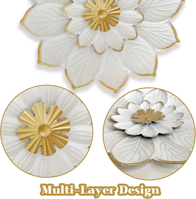 LIFFY 9.2“ White and Gold Metal Flower Wall Art, Modern Rustic Floral Decor for Indoor Living Room Bedroom Office Outdoor Garden Patio Yard
