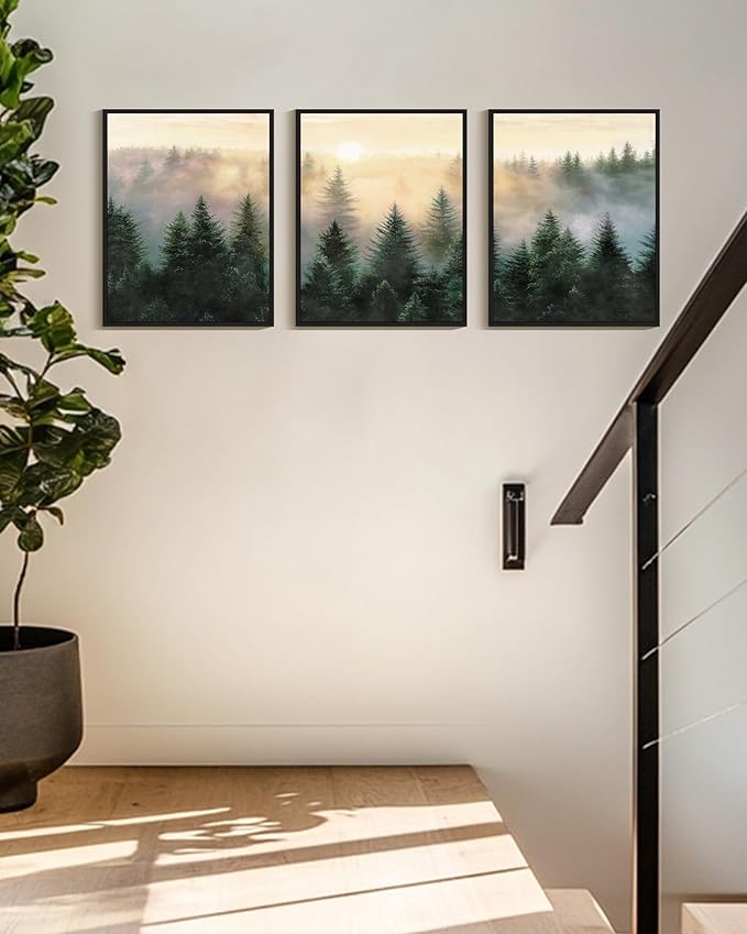 Drsoum Green Fog Pine Tree Landscape Wall Art Framed Nature Misty Nordic Forests Prints Morden Farmhouse Rustic Artwork Hallway Bedroom Ready to Hang 11x14in Black Framed