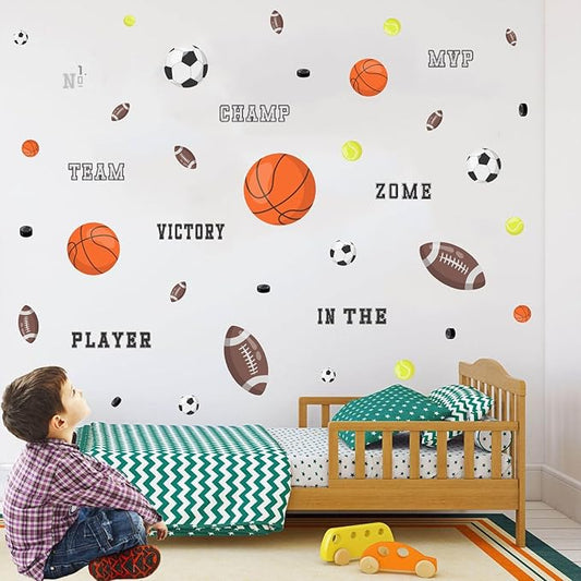 Sports Wall Decals, Basketball and Football Wall Stickers, Peel and Stick Removable DIY Inspirational Wall Decor for Boys Bedroom Classroom Kid's Nursery Room Playground
