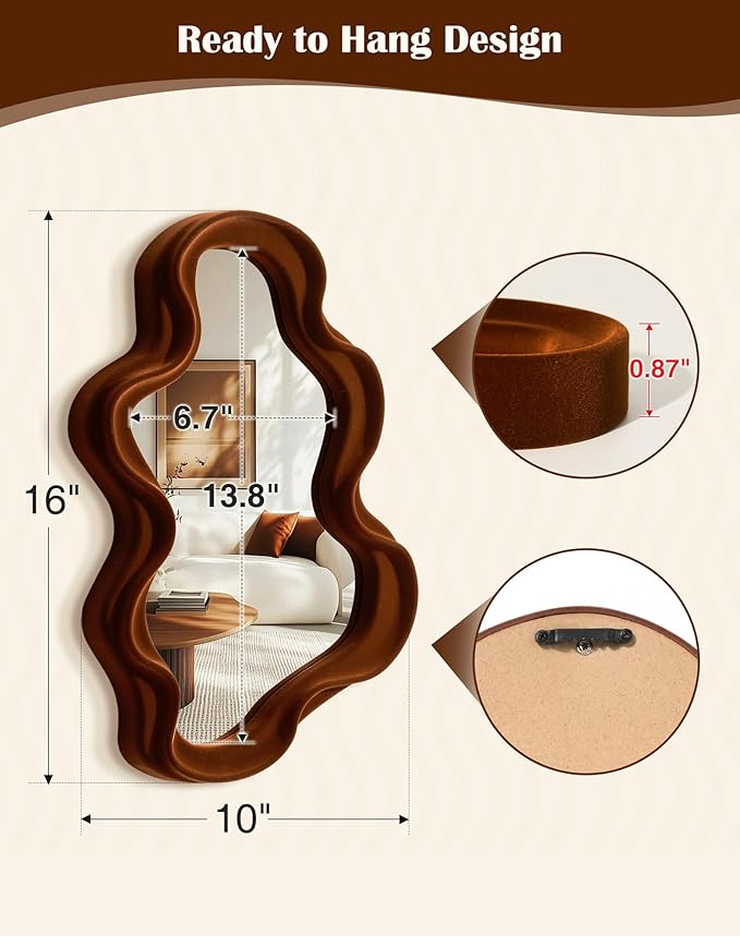 Retro Wavy Mirror Wall Decor for Living Room, 16x12 Asymmetrical Wall Mounted Mirror for Girly Bedroom Decoration, Velvet Touch Decorative Tray Home Accent for Dining Room Kitchen (Maroon)
