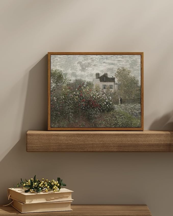 InSimSea Framed Canvas Wall Art Vintage Decor, Garden Full of Flowers Oil Painting Wall Prints by Claude Monet, Retro Scenic Bathroom Decor, Farmhouse Office Dining Room Decor, 11"x14"