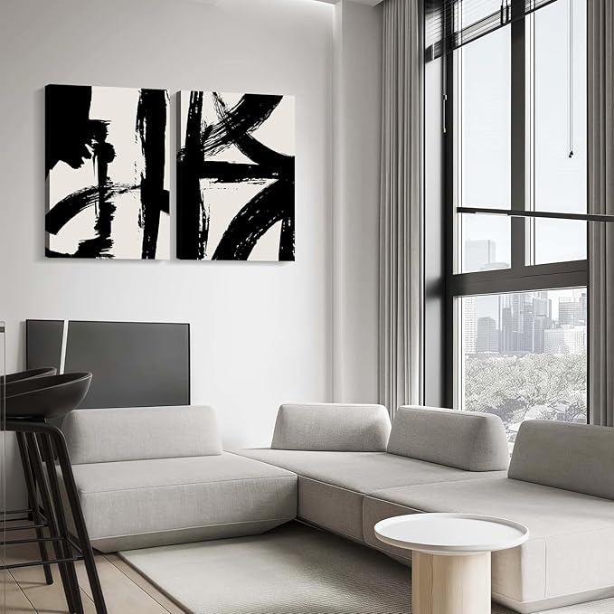 2Pcs Framed Abstract Black and White Canvas Wall Art Minimalist Brushstroke Line Prints Modern Home Gallery Style Painting Posters Picture Bedroom Living Room Office 12x16 Inch Ready to Hang