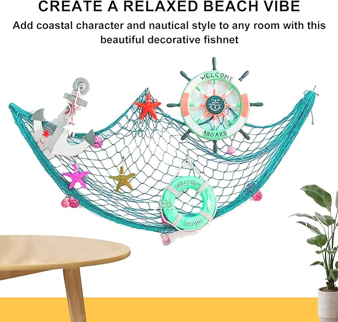 2 PCS Fish Net Decorations, 80 x 40 Inch, Ocean Themed Party Decor Beach, Nautical Wall Hanging Fishing Net for Coastal Bedroom, Bathroom, or Under The Sea Party Decorations (Aqua)