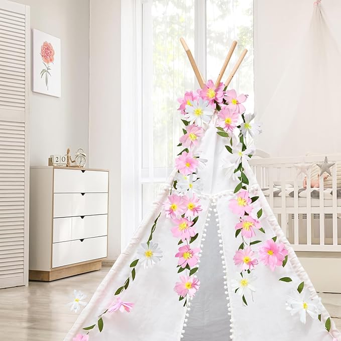 EASY JOY Crepe Paper Flowers Banner White Gradient Pink Flower Banners Spring Hanging Paper Floral Leaves Garland for Spring Birthday Wedding Home Decorations