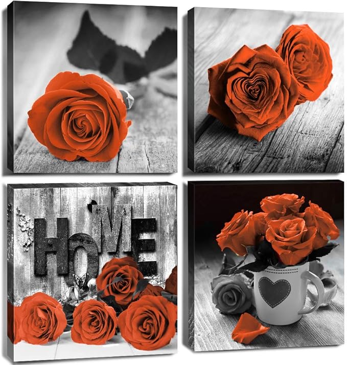 Burnt Orange Wall Art Floral Wall Art for Living Room Bathroom Vintage Rose Flower Pictures Couples Bedroom Rustic Modern Black and White Canvas Print Office Kitchen Home Decoration 12×12" 4 Pcs/Set
