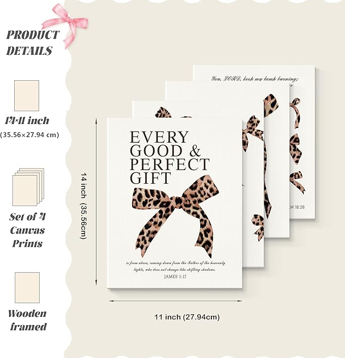 LARTSFRO Coquette Leopard Bow Christian Canvas Wall Art Decor Posters Prints, Y2K Cheetah Leopard Bow Room Bedroom Bathroom Dorm Wall Art Decor Aesthetic for College Teen Girls Gifts, Inspirational Bible Verses Bow Wall Decor, 11x14 Inch Set of 4 Pcs C...