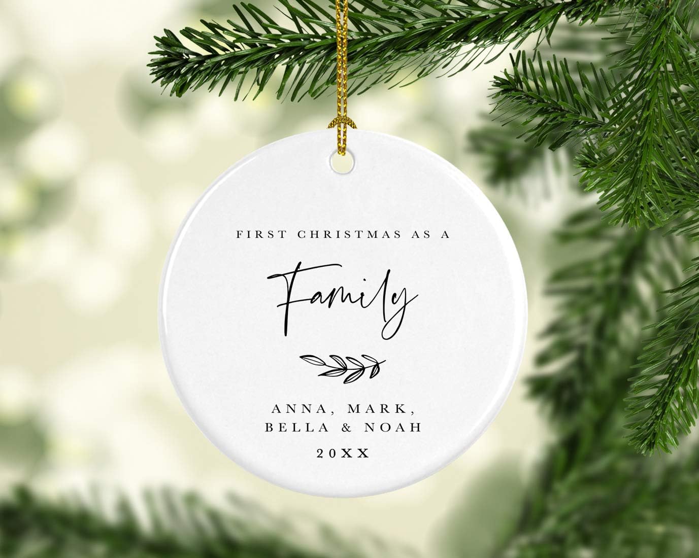 Andaz Press Personalized Round Ceramic Porcelain Christmas Tree Ornament Keepsake Collectible Gift, Our First Christmas as a Family, Anna, Mark, Olivia & Noah 2024, Antique Handdrawn, 1-Pack