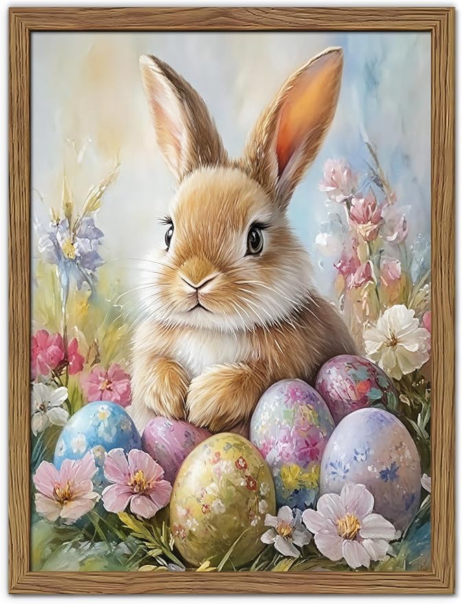 Easter Bunny Wall Art Poster, Cute Bunny with Eggs Picture Prints, Vintage Cottage Holiday Theme Canvas Artwork, Modern Farmhouse Wall Decor for Kids Room Bedroom Living Room 12x16in Unframed