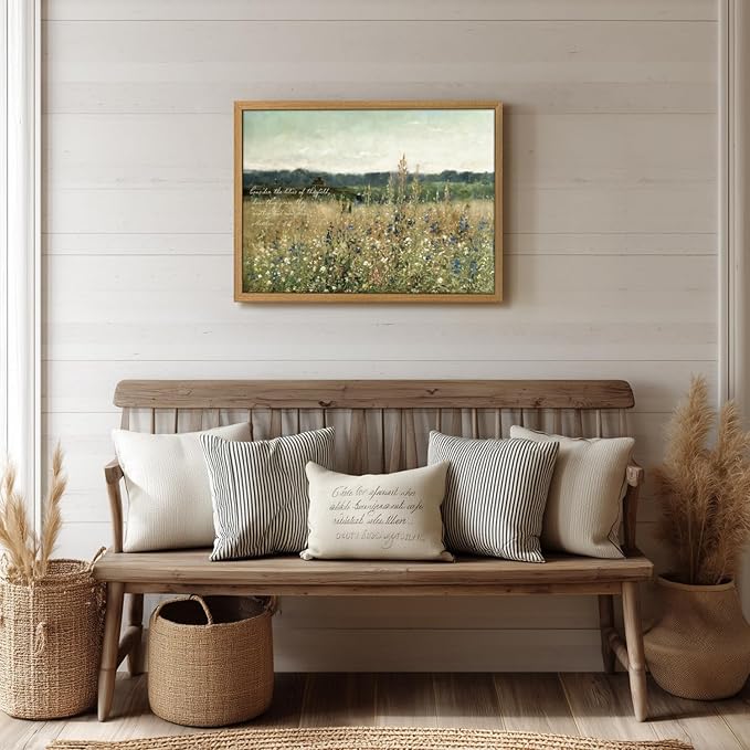 HLXRAE Christian Scripture Canvas Wall Art, “Consider the Lilies” Bible Verse Wall Decor, Rustic Wildflower Poster Print, Vintage Religious Artwork for Church Prayer Bedroom Wood Framed 16x24 Inch