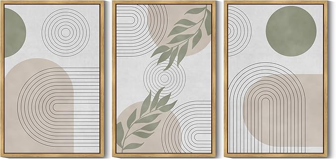 Drsoum Green Botanical Boho Wall Art Framed Modern Bohemian Sage Wall Decor Abstract Geometry Lines Prints Ready to Hang 24x36in Natural Framed