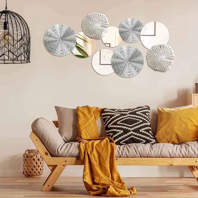 Hicarer 9 Pcs Circle Mirrors Metal Home Decor Wall Decorative Modern Round Accent Wall Art Sculpture Hanging Decorations for Living Room Office Bedroom Kitchen(Silver)