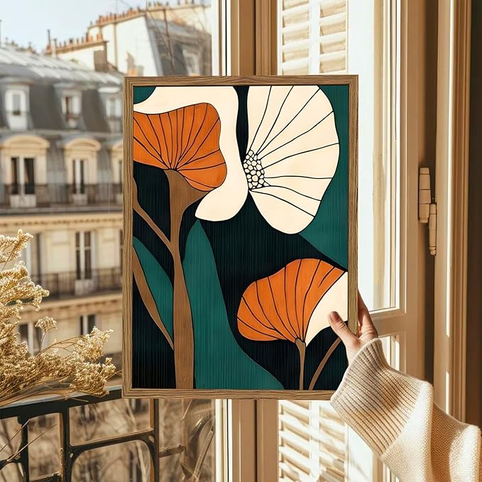 Mid Century Modern Flower Wall Art Vintage Abstract Botanical Wall Decor Painting Set of 2 Mid Century Boho Dark Floral Poster Canvas Print Pictures for Living Room Bedroom 16x24 inch Wood Framed