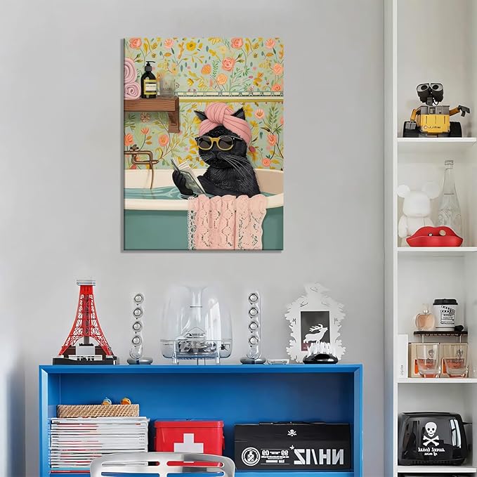 Yaneiro Funny Black Cat Bathroom Canvas Bathroom Wall Art Framed Cute Cat Prints Pictures Posters Wall Decor for Living Room Bedroom Toilet Kids Room Wall Paintings 16x24 in