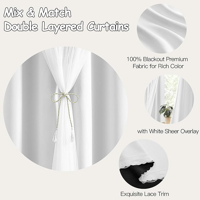 XiDi White Blackout Curtains with Sheer Overlay for Bedroom 63 Inches Long 2 Panels 100% Black Out Double Layer Curtains Thermal Insulated Room Darkening Grommet Short Drapes Greyish White 34W x 63L