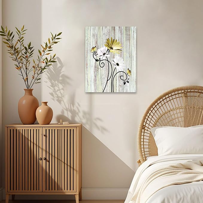HVEST Yellow Floral Wall Art Rustic Yellow Daisy and Butterfly Aesthetic Botanical Painting Farmhouse Flower Wall Art for Bathroom Living Room Bedroom Kitchen Decor Ready to Hang, 16Lx12W Inches