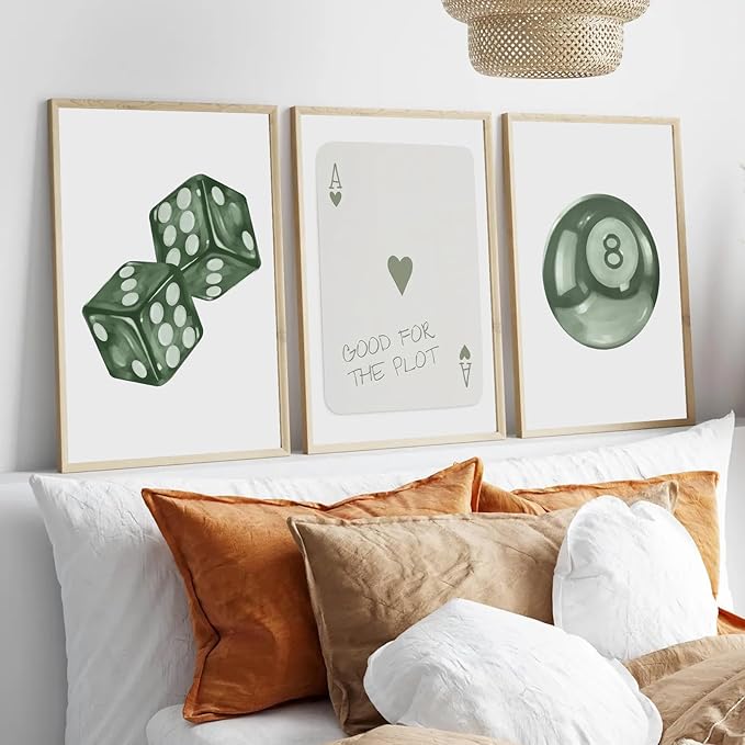 BOKPEN Green Poker Dice Canvas Wall Art Funky Y2K Trendy Preppy Pictures Lucky 8 Ball Poster Sage Prints Artwork Painting for Game Room Apartment Dorm Aesthetic Decoration 16x24in Unframed