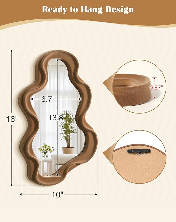 Irregular Wall Mirror Living Room Decor, Cloud Decorative Mirrors with Flocking Touch, Modern Wavy Mirror for Hallway Entryway Staircase Bedroom, Over The Door Wall Art Decoration (Brown)