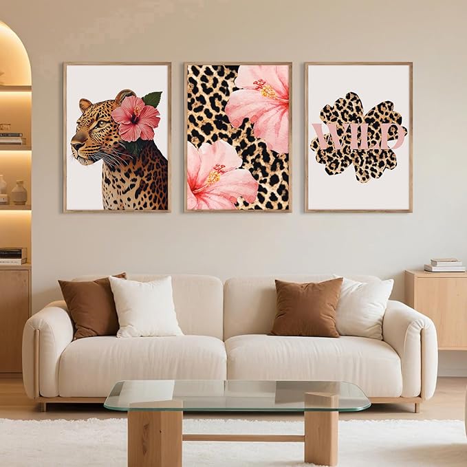 Trendy Leopard Wall Art Pink Cheetah Print Room Decor Leopard Flower Canvas Wall Decor Cheetah Aesthetic Poster Girly Pink Preppy Picture Funky Y2k Artwork for Girl Bedroom 16x24x3 Inch Unframed
