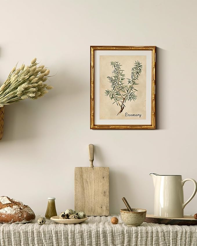 InSimSea Gold Bamboo Framed Canvas Wall Art, Retro Herbs Rosemary Botanical Paintings, Antique Vintage Picture Frame with Mat, Victorian Home Wall Decor for Living Room Kitchen Dining, 11x14inch