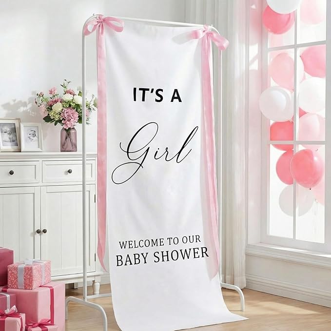 Oudain 24x60 Inch It's a Girl Burlap Banner, Baby Shower Fabric Backdrop with Pink Ribbons and Hooks, Rustic Boho Photo Props Sign for Gender Reveal Party Wall Hanging Indoor Outdoor Decoration