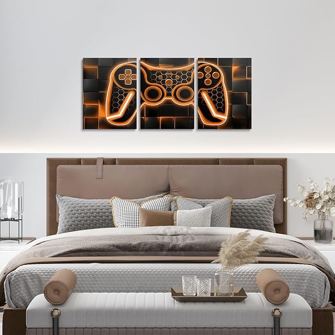 Feelyou Gamer Canvas Wall Art - 3 Piece Orange & Black Picture Decor, 12"x16", Gaming & Office Wall Artwork Posters