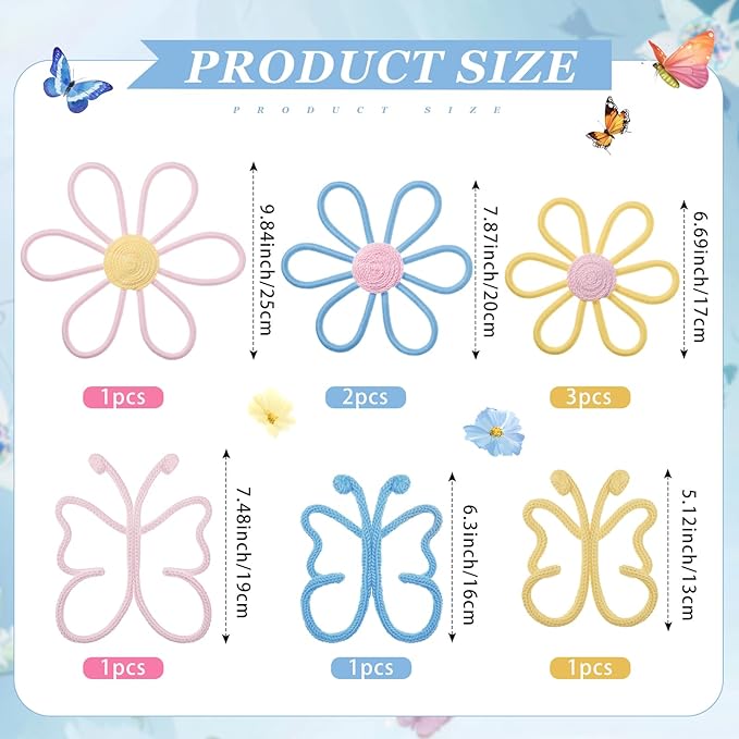 Wesiti 9 Pcs Boho Nursery Decor 3 Size Daisy Flower and Butterflies Woven Macrame Wall Hanging for Home Nursery Bedroom Dorm Wall Art(Classic Color)