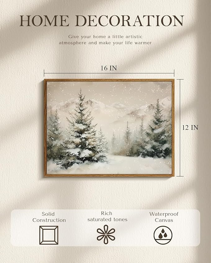 Vintage Winter Snow Mountain Wall Art 12x16 Framed Canvas Print, Snowy Pine Tree Forest Landscape Painting, Rustic Neutral Christmas Living Room Bedroom Entryway Farmhouse Holiday Home Decor