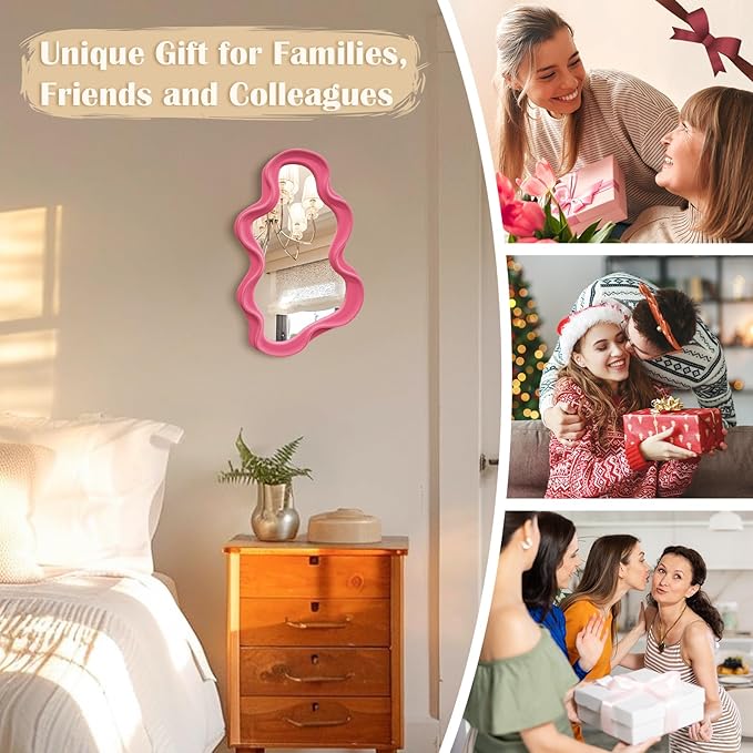 Wavy Mirror Wall Decor for Living Room, Asymmetrical Wall Mounted Mirror for Girly Bedroom Decoration, Velvet Touch Decorative Tray Home Accent for Dining Room Kitchen (Pink)