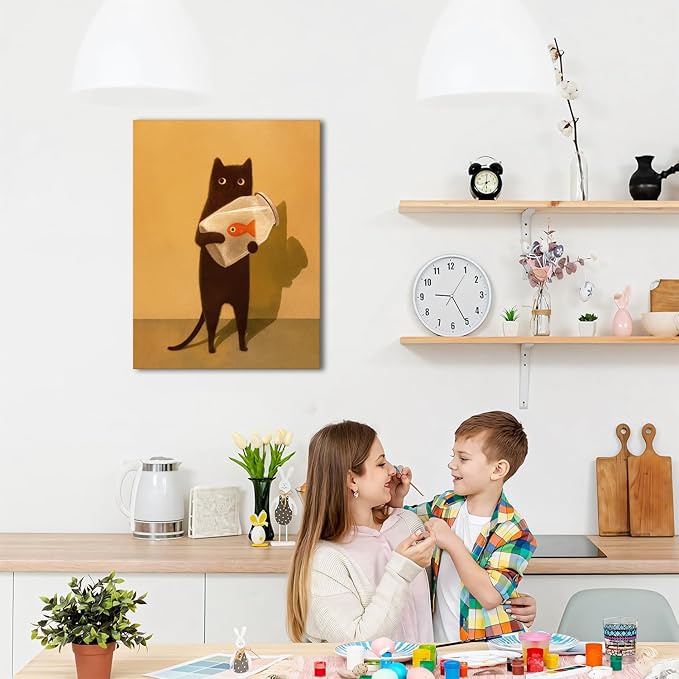 Funny Black Cat Wall Art, Abstract Black Cat and Fish Canvas Poster Print Picture, Cute Animal Wall Decor, Perfect for Cat Lovers for Bathroom Living Room Bedroom Kids Room 16x24 in Framed