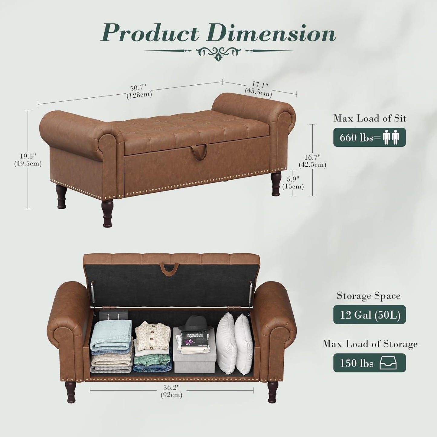 Apicizon 51”Ottoman with Storage, Queen Size End of Bed Storage Bench with Tufted Button, Upholstered Sitting Bench for Front Door Entrance,Bedroom,Dining Room, Entryway，Vintage Brown