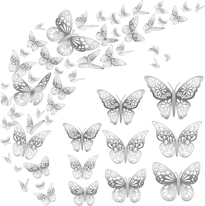 72 Pcs 3D Butterfly Wall Decor - 3 Styles, 3 Sizes, Silver, Wedding & Birthday Party Decorations