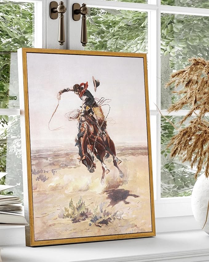 KBKBART Vintage Southwest Framed Canvas Wall Art, Western Art Prints Wall Decor, Western Cowboy Pictures Southwestern Artwork Prints Farmhouse Wall Decor for Western Bedroom Bathroom Decor (12"x16")