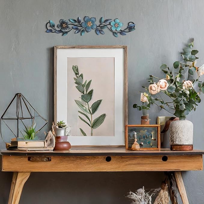 Wesiti Metal Flower Wall Decor Vintage Spring Metal Flower Wrought Iron Scroll Sculpture 15.7''x3.7'' Farmhouse Leaves Wall Decor with Nails for Spring Living Room Bedroom Indoor Outdoor(Blue)