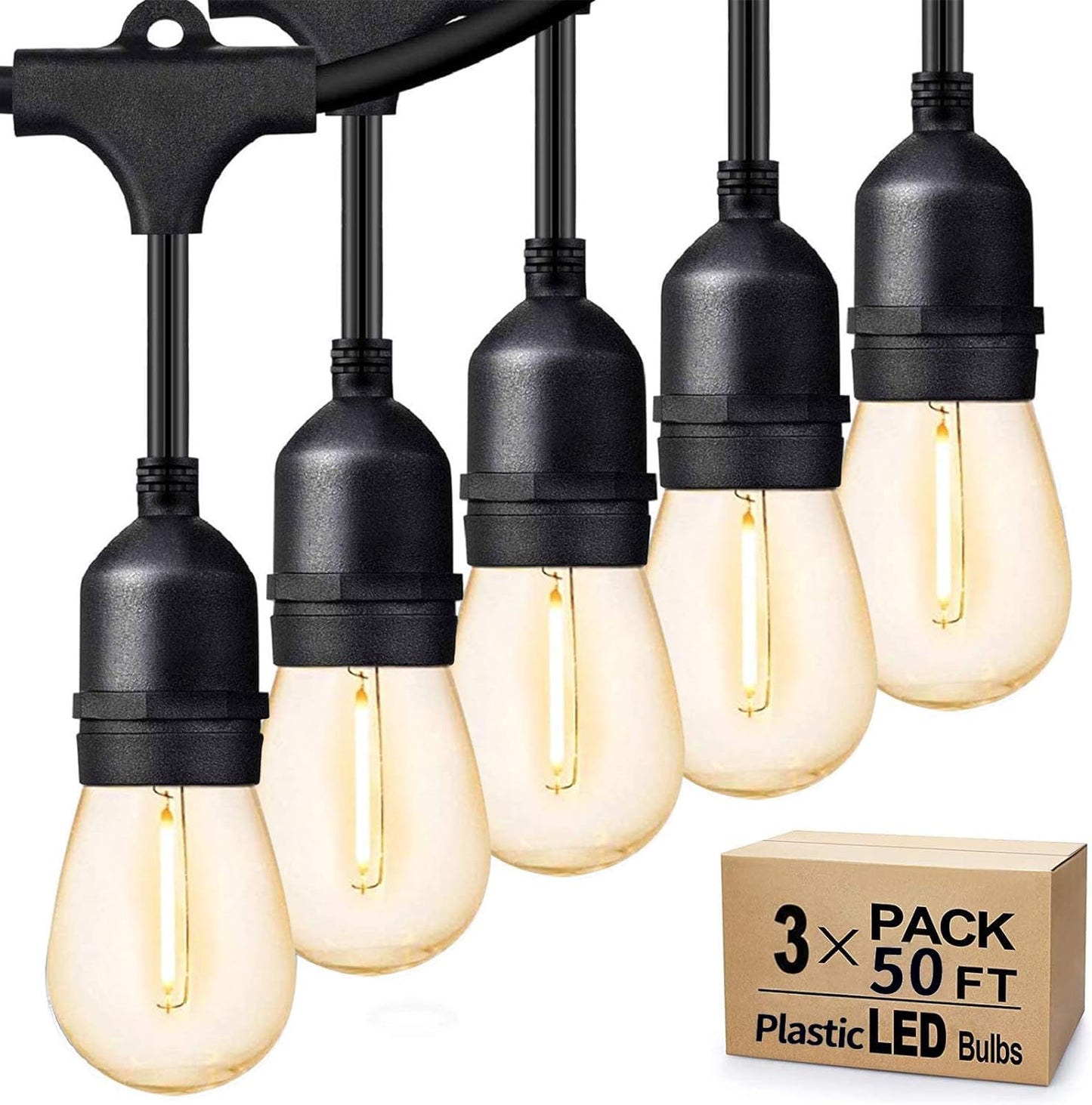 Svater Outdoor String Lights 150FT, E26 Socket, 48pcs S14 Shatterpoof Bulbs, 1 Watt Dimmable 2700K Warm White, IP65 Waterproof Commercial Grade Patio Lights（3 Pack X 50FT）