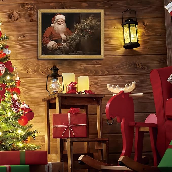 Christmas Wall Art Pictures, Vintage Christmas Wall Decor Prints, Vintage Santa Portrait Canvas Print Posters, Farmhouse Santa Pictures for Wall Framed 12x16 Inch