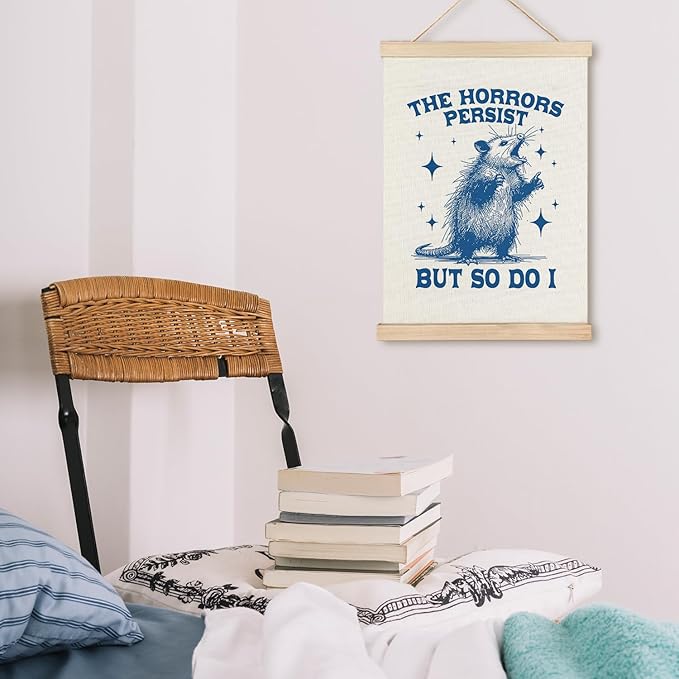 LZYRF Funny Opossum Mental Health Wall Art Poster Framed, Possum Gifts, Retro Blue Positive Affirmations Inspirational Canvas Prints Wall Decor for Therapy School Counseling Office, 12x16 Inch