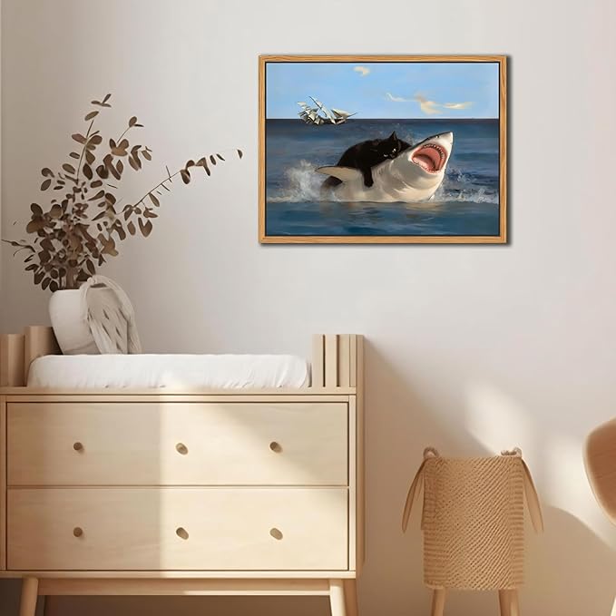 Floating Framed Black Cat Wall Art, Funny Quirky Cat and Shark Pictures Canvas Print, Abstract Black Cat Shark Posters Wall Decor for Room Bedroom Living Room Bathroom Aesthetic 12x16 inch