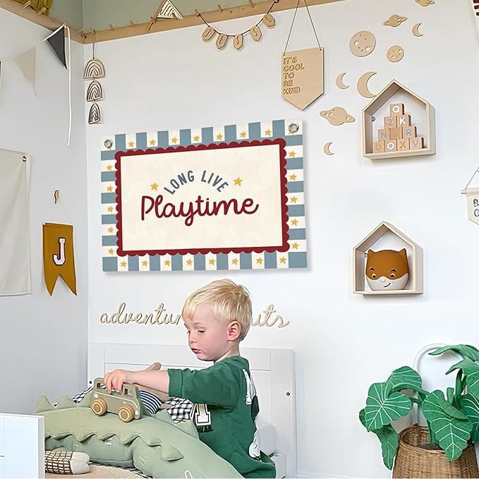 Playroom Wall Decor, Long Live Playtime Linen Canvas Banner,Toddler Playroom Decor Kids Room Nursery with Star Pattern Wall Decor for Toddler Boys Toy Room Bedroom,30x20 Inch