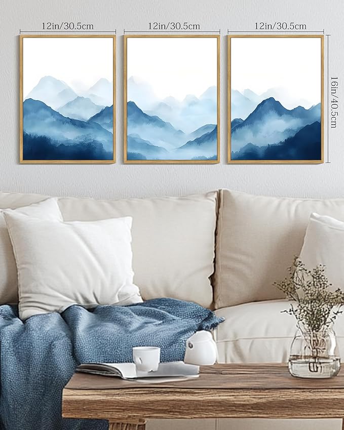 Drsoum Blue Fog Mountains Landscape Wall Art Framed Vintage Nature Misty Nordic Prints Ink Wash Watercolor Boho Farmhouse Rustic Artwork Hallway Bedroom Ready to Hang 12x16in Natural Framed