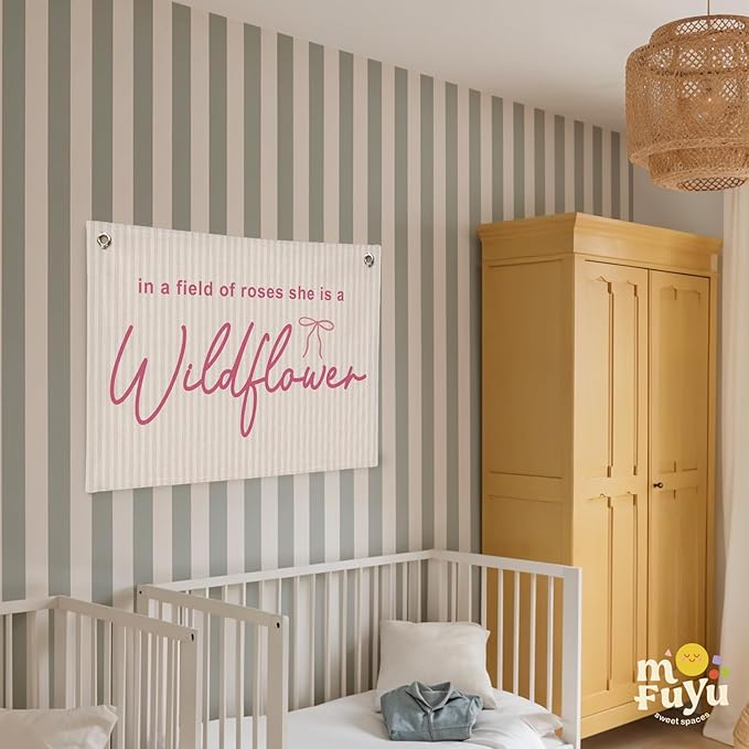 Wildflower Nursery Decor, Girls Room Decor, In a Field Full of Roses She Is a Wildflower Pink Bows Coquette Linen Canvas Banner,for Little Girl 30x20 Inch